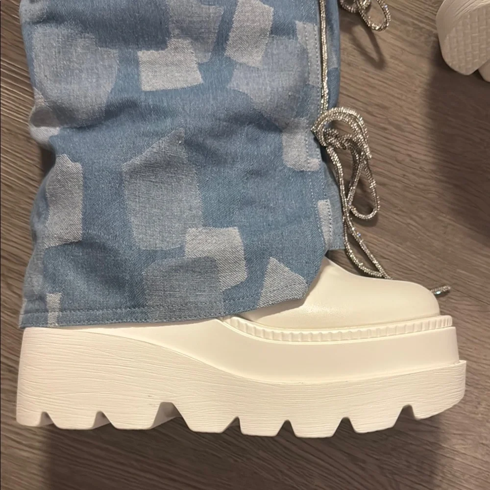 CAPE ROBBIN ❣️ Blue Jean Patterned Rhinestone Lace-Up Women's Boots Sz 7🤩